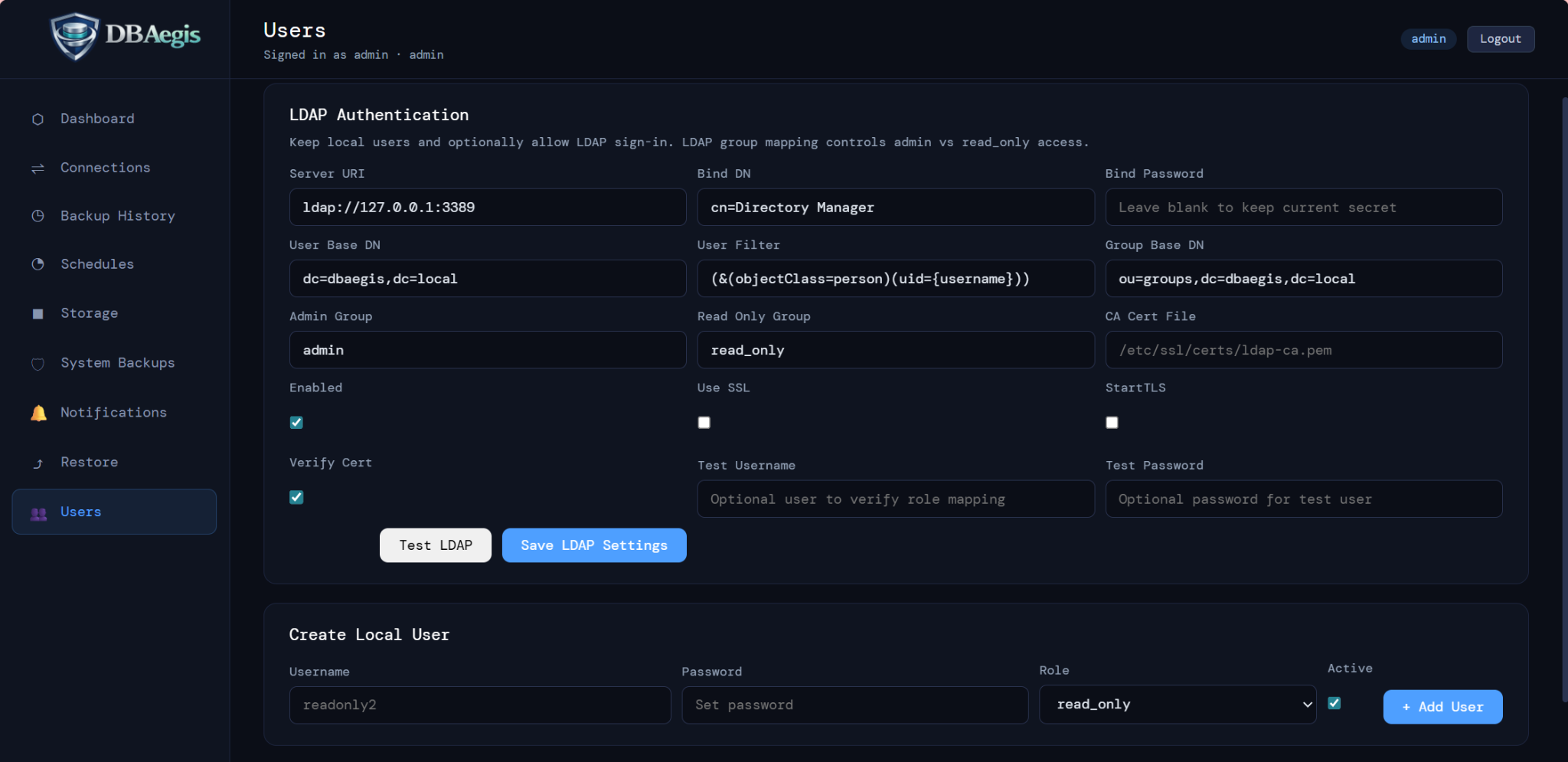 DBAegis LDAP authentication and local user management screen